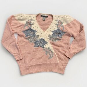 VTG Dana Scott Sweater Silver Beads Metallic Thread Pink Blue Fuzzy V-Neck Large